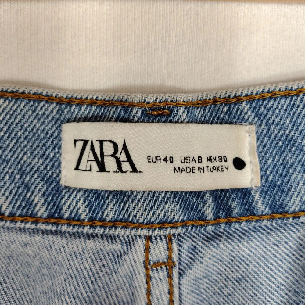 Zara The 90s Full Length Distressed Wide Leg Jeans Light Wash Blue Size 8 - Picture 3 of 8